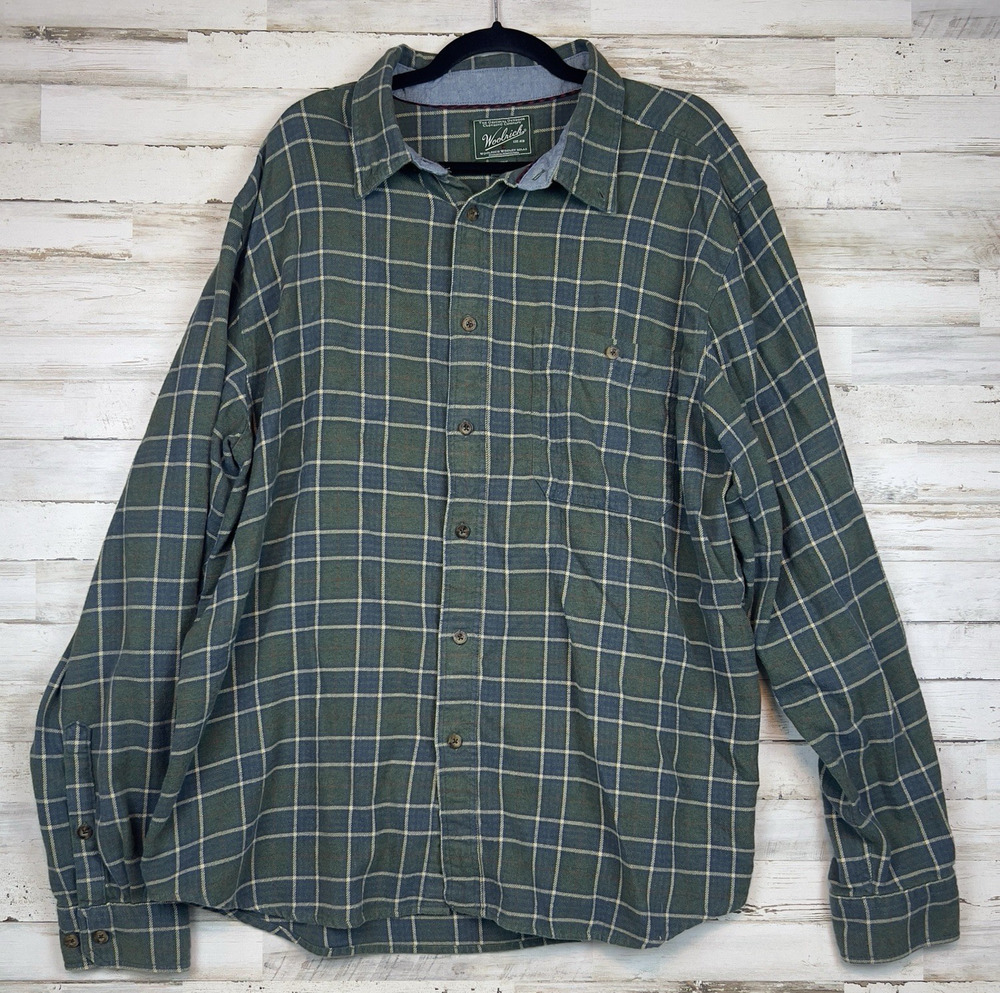 Woolrich Men’s 2XL Bay Leaf Green Plaid Flannel Shirt Button Front Long Sleeve C